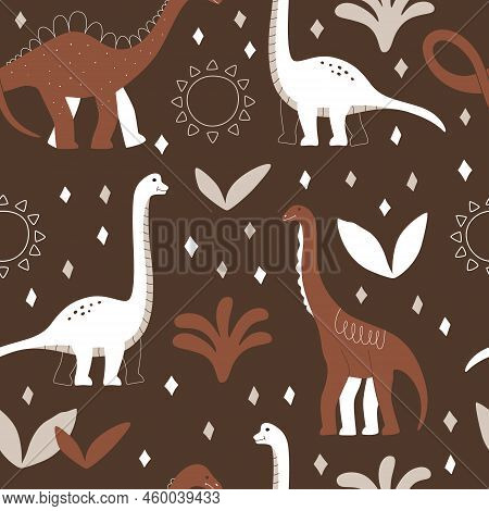 Doodle Dinosaur On Brown Background With Sun And Plant. Seamless Pattern With Wild Prehistoric Anima