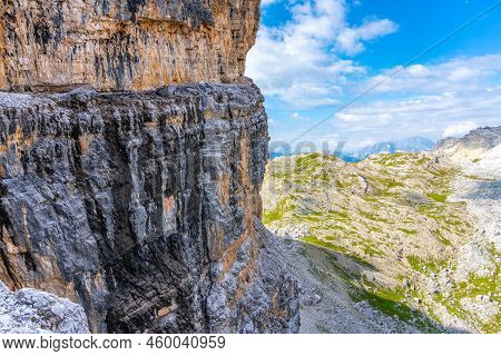 Via Ferrata Giovanni Lipella Traversing Vertical Wall Of Tofana Di Rozes Above Tavernanzes Valley In