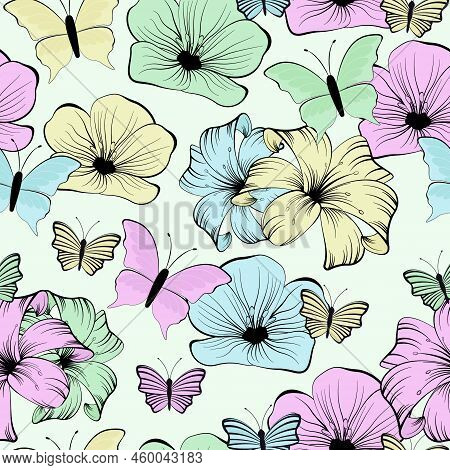 Floral Colorful Seamless Pattern. Lily And Flax Flower. Butterfly. Prints, Packaging Template, Texti