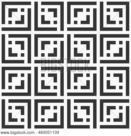 Seamless Vector Pattern. Black Square Tiles On White Background. Symmetric Geometric Pattern. Trelli