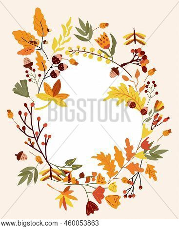 Cute Autumn Wreath With Colorful Leaves, Berryes, Acorn. Composition For Your Greeting Cards, Poster
