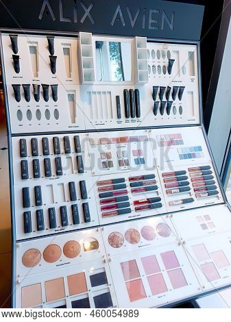 Dushanbe, Tajikistan - August 12, 2022: Alix Avien Cosmetics Showcase On The Display Shelf In The Su