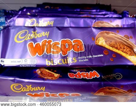 Dushanbe, Tajikistan - August 12, 2022: Tasty Cadbury Wispa Bubbly Milk Chocolate Biscuits On The Di