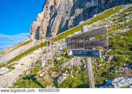 Wooden Mountain Singpost At Approach Route To Giovanni Lipella Via Ferrata. Dolomites, Italy.