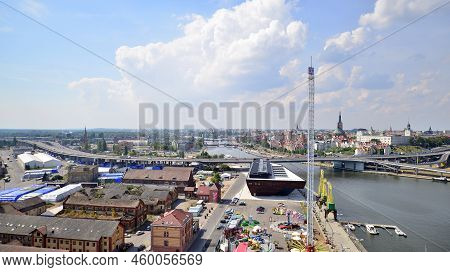 Szczecin, Poland. 17 August 2022. Aerial View On Szczecin City,  Port And Odra  River Bank