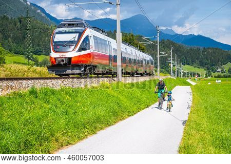 Schladming Austria - July 29, 2022: Modern Electrified Train Near Schladming. Obb - Austrian Federal