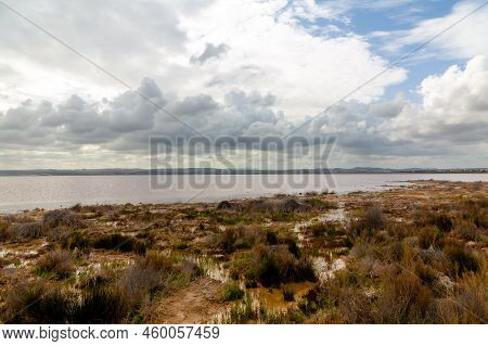 Laguna Salada In Torrevieja, Spain In Europe Pink Salted Lake. Salinas Natural Park