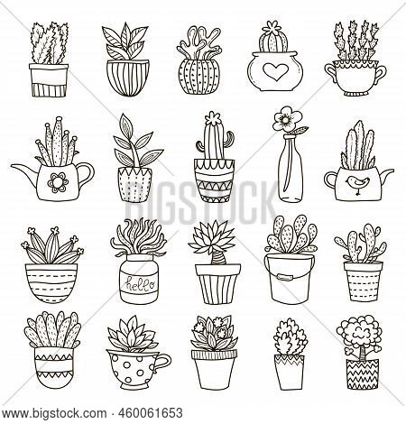 Home And Office Plants In Bough Pots Decorative Icons Set With Black Outlines On Blank Background Ve