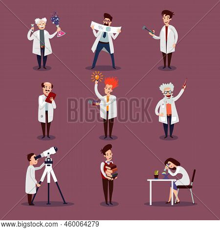 Scientists Characters Set With Chemists Biologists Physicists And Astronomer In Different Situations