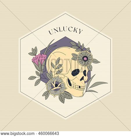 Skull With Flowers Vector Illustration. Editable Stroke. Macabre Or Postmortem Aesthetic. Old School