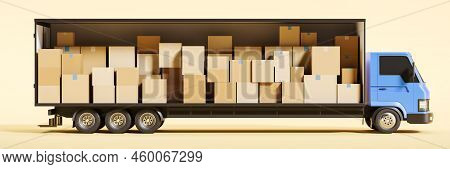 Long Transportation Truck With Different Cardboard Boxes, Side View. Concept Of Relocation And Logis