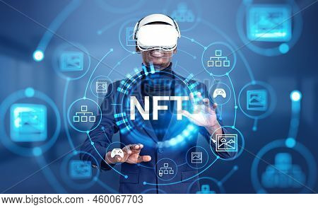 Black Businessman In Vr Glasses Hands Touching Nft Hud Hologram With Digital Icons Circuit. Concept 