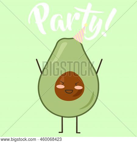 Fruit And Vegetables. Green Avocado Character With Happy Smiling Face. Birthday Party Square Card. D