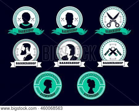 Barbershop Logo. Hair Salon Circle Emblem With Woman Or Man Silhouette. African Vintage Profile. Ame