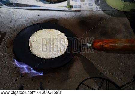 Village Country Made Earthen Stove With Red Hot Coal, Ready To Cook Chappati And Roti