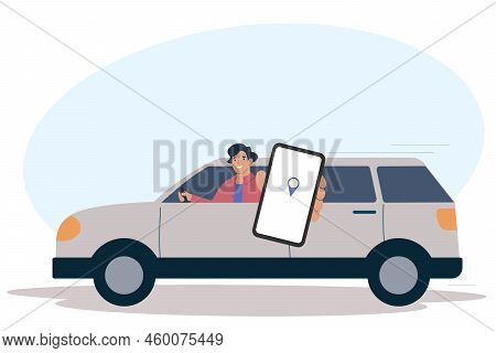 Car Navigation, Male Driver Is Holding Smartphone, Destination Is Displayed On Screen. Geolocation A