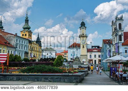 Banska Bystrica, Slovakia - August 15, 2021: View Of Snp Square - Colorful Historic Buildings, Bloom