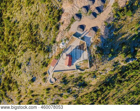 The Church Of St. Sava In Montenegro, Near The Island Of Sveti Stefan Near Budwa. Drone View. Locati