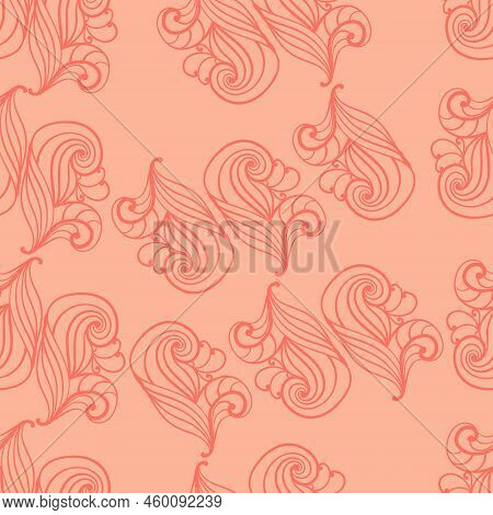Abstract Paisley Seamless Pattern, Ornate Capelins On Peach Background Vector Illustration