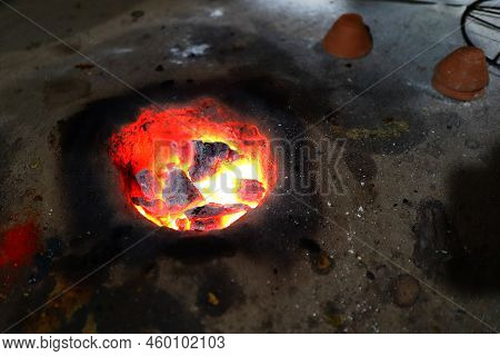 Village Country Made Earthen Stove With Red Hot Coal, Ready To Cook Chappati And Roti