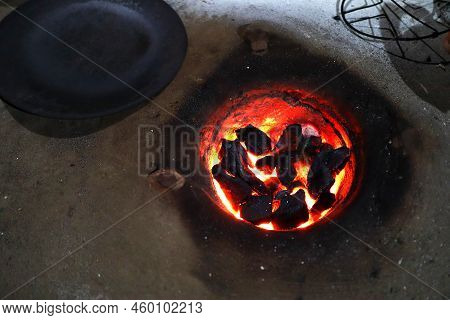 Village Country Made Earthen Stove With Red Hot Coal, Ready To Cook Chappati And Roti