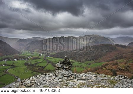 Stunning Autumn Landscape Image Towards Borrowdale Valley From Castle Crag In Lake Disrtrict