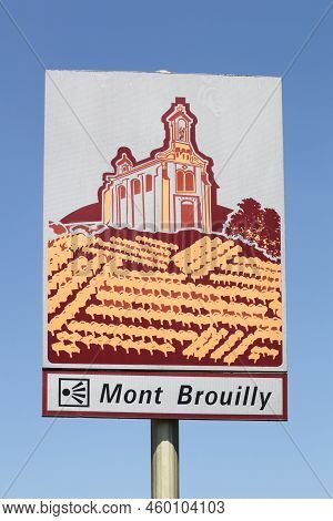 Signboard With Mont Brouilly In Beaujolais, France