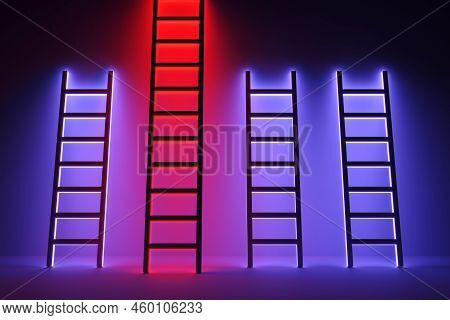 Unique Stair Business Concept Success Leader Neon Self Illumination Background 3d Illustration