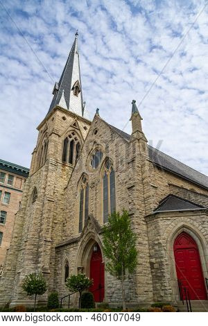 St James 1868 Event Venue In Downtown Milwaukee, Wisconsin Exterior Facade Under A Dramatic Sky