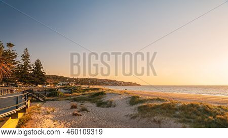 Seacliff Beach With New Esplanade Looking South At Sunset, South Australia
