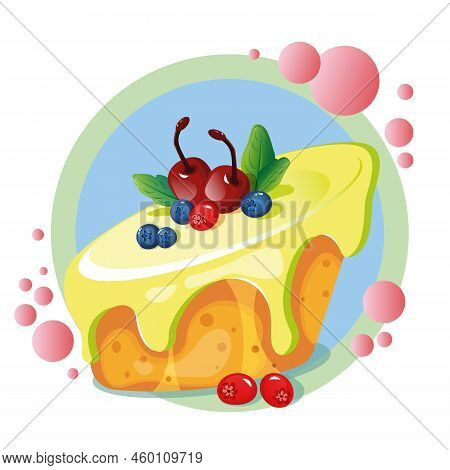 Lemon Pie With Berries And Cherries. Print. Vector Illustration