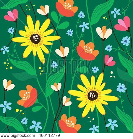 Garden Colorful Flowers, Plants, Botanical Seamless Pattern On Green Background. Vector Illustration