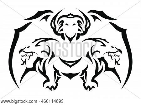 Beeautiful Monochrome Fantasy Tribal Tattoo Vector Illustration With Black Decorative Dragon Silhoue