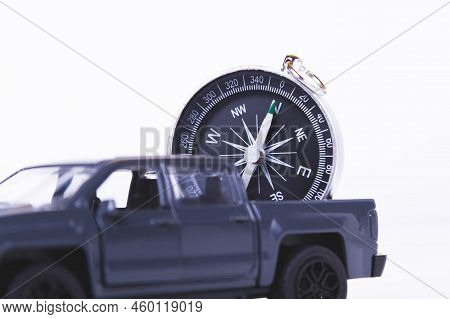 Tourist Travel By Car. Travel By Car. Compass And Car. Autotourism. Traveling Across Countries By La