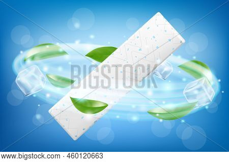Chewing Gum, With Ice Cubes And Mint Leaves. Green Leaves Spearmint For Fresh Breathing. Chewing Gum