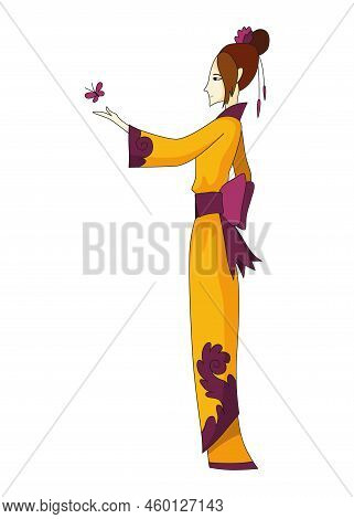 Japanese Girl Standing In Kimono. Women In Traditional Style Costume. Full Length Portrait Of Typica