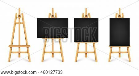 Realistic Paint Desk With Blank Black Canvas. Wooden Easel And A Sheet Of Drawing Paper. Presentatio