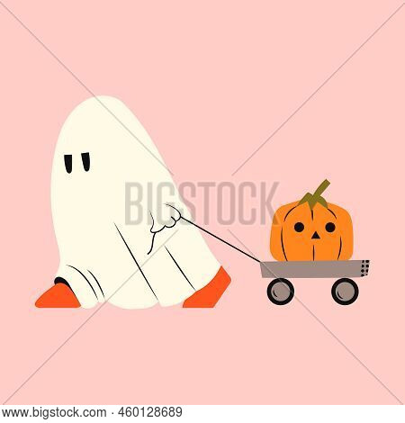 Ghost With Pumpkin For Halloween. Phantom Walks With Gurney. Kawaii Monster Mystical Drawing Concept