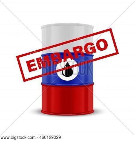 Oil Embargo. Vector 3d Realistic Metal Enamel Oil Barrel Isolated On White. Russian Crude Oil Embarg