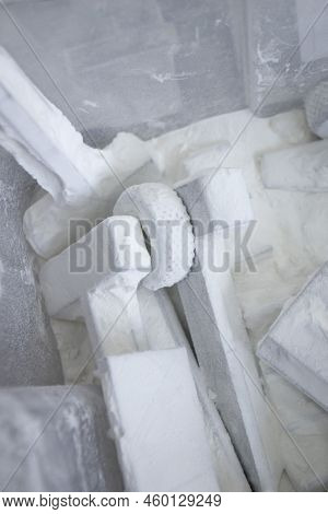 Detail Objects Printed On Powder 3d Printer And Covered White Polyamide Powder Close-up. Technology 