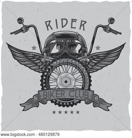 Motorcycle Theme T-shirt Label Design With Illustration Of Helmet, Glasses, Wheel And Wings