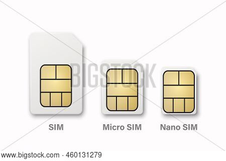 Vector 3d Realistic White Plastic Sim, Micro Sim, Nano Sim Card Template Set Isolated. Design Templa