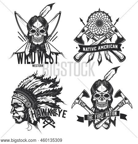 Set Of Vintage Native American Emblems, Labels, Badges, Logos. Isolated On White Design Vector Illus