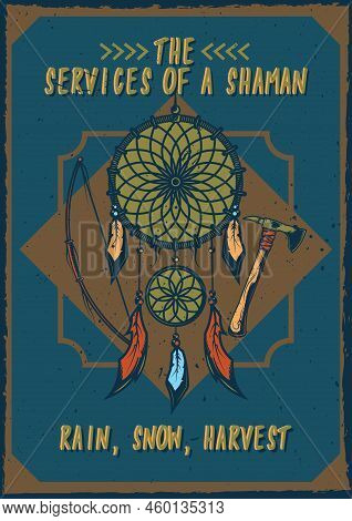 T-shirt Or Poster Design With Illustraion Of Dreamcatcher With Feathers On Colorful Background.