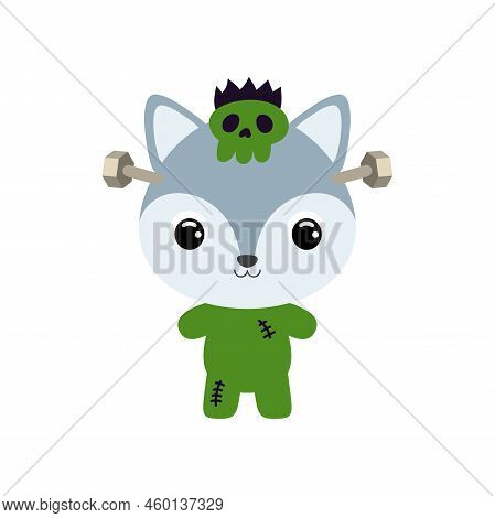Cute Little Halloween Wolf In A Frankenstein Costume. Cartoon Animal Character For Kids T-shirts, Nu