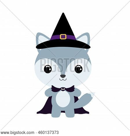 Cute Little Halloween Wolf In A Wizard Costume. Cartoon Animal Character For Kids T-shirts, Nursery 