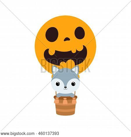 Cute Little Wolf Flying On Halloween Hot Air Balloon. Cartoon Animal Character For Kids T-shirts, Nu