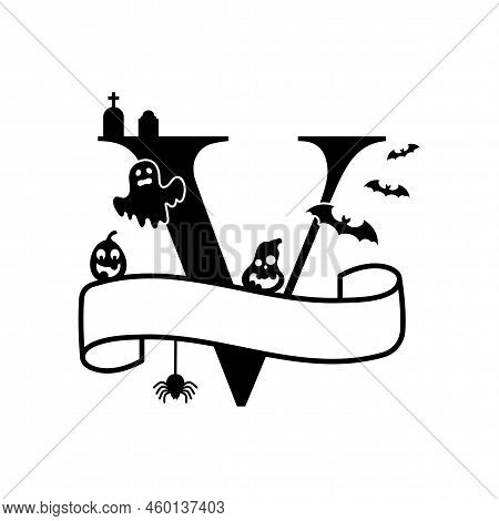 Cute Halloween Letter V Split Monogram. Cartoon Ghost, Pumpkin, Bat For Kids T-shirt, Nursery Decora