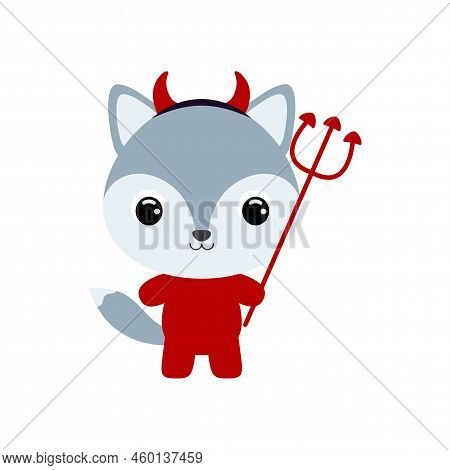 Cute Little Halloween Wolf In A Devil Costume. Cartoon Animal Character For Kids T-shirts, Nursery D