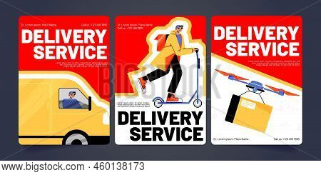 Delivery Service Cartoon Banners, Postman On Car Or Scooter And Drone Deliver Goods To Customers. Co